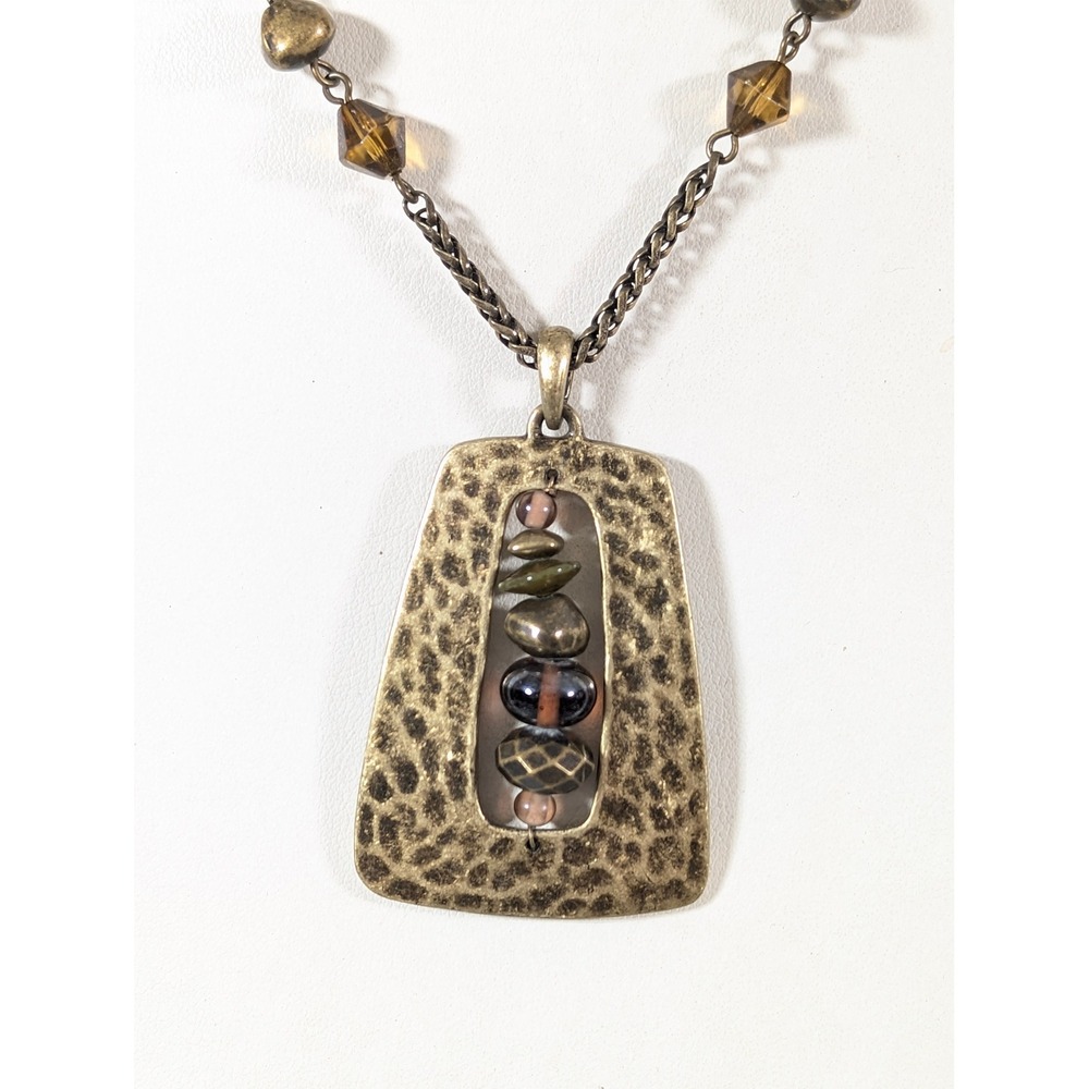 Coldwater Creek Bronze Tone Hammered Glass Bead Pendant Necklace 20 Inch Boho